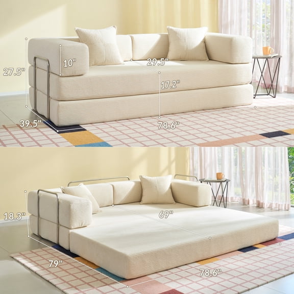 LUXAPA 78.6" Sleeper Sofa Bed, Comfy Modular 2-in-1 Convertible Couch, Corduroy Upholstered Deep Seat Sofa for Living Room & Small Spaces, Modern Folding Guest Bed with 2 Pillows, Beige