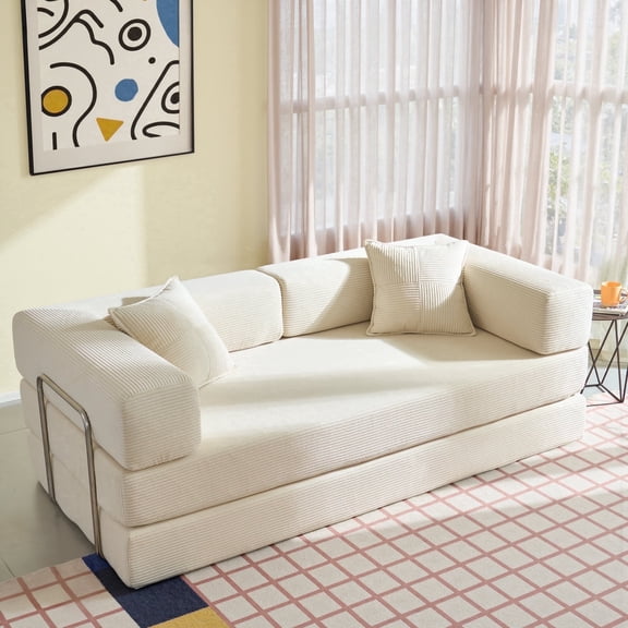 LUXAPA 81.6" Sofa Couch, Convertible Sleeper Sofa, Deep Seat Corduroy Sofa Bed for Living Room, Apartment & Small Spaces, Beige