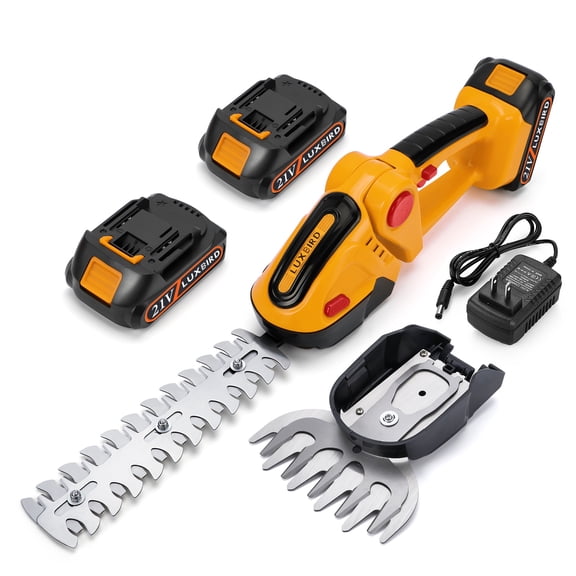 LUXBIRD Cordless Electric Shrub Shears, 21-Volt, 2-in-1 Hedge Trimmer and Grass Cutter, Lightweight, One-Handed Operation, IP67 Waterproof, with 2Pcs 1500mAh Rechargeable
