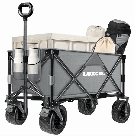 LUXCOL Collapsible Folding Wagon, Heavy Duty Utility Beach Wagon Cart for Sand with Big Wheels, Adjustable Handle&Drink Holders for Shopping, Camping,Garden and Outdoor