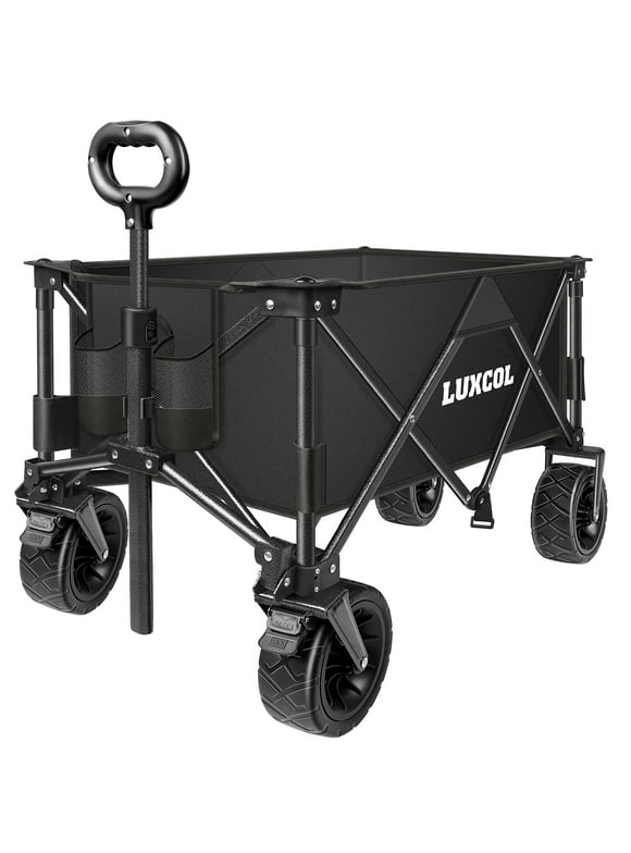 LUXCOL Collapsible Wagon Cart Black, Foldable Wagon Cart 601D Oxford Cloth, Collapsible Wagon Oversized Wheels, Portable Folding Wagon Adjustable Handles, Beach, Garden, Sports