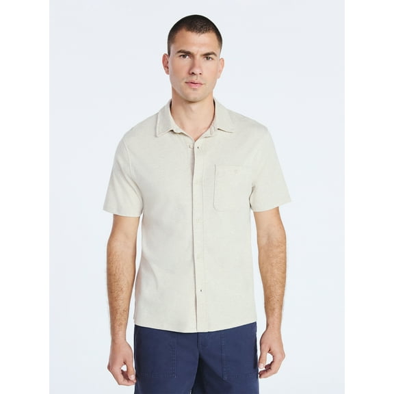 Free Assembly Men's Cotton Button Front Polo Shirt with Short Sleeves, Sizes S-3XL