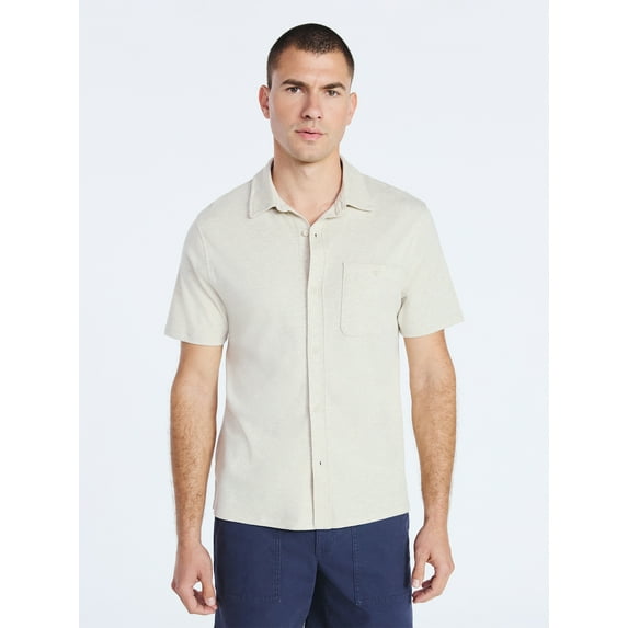Free Assembly Men's Cotton Button Front Polo Shirt with Short Sleeves, Sizes S-3XL