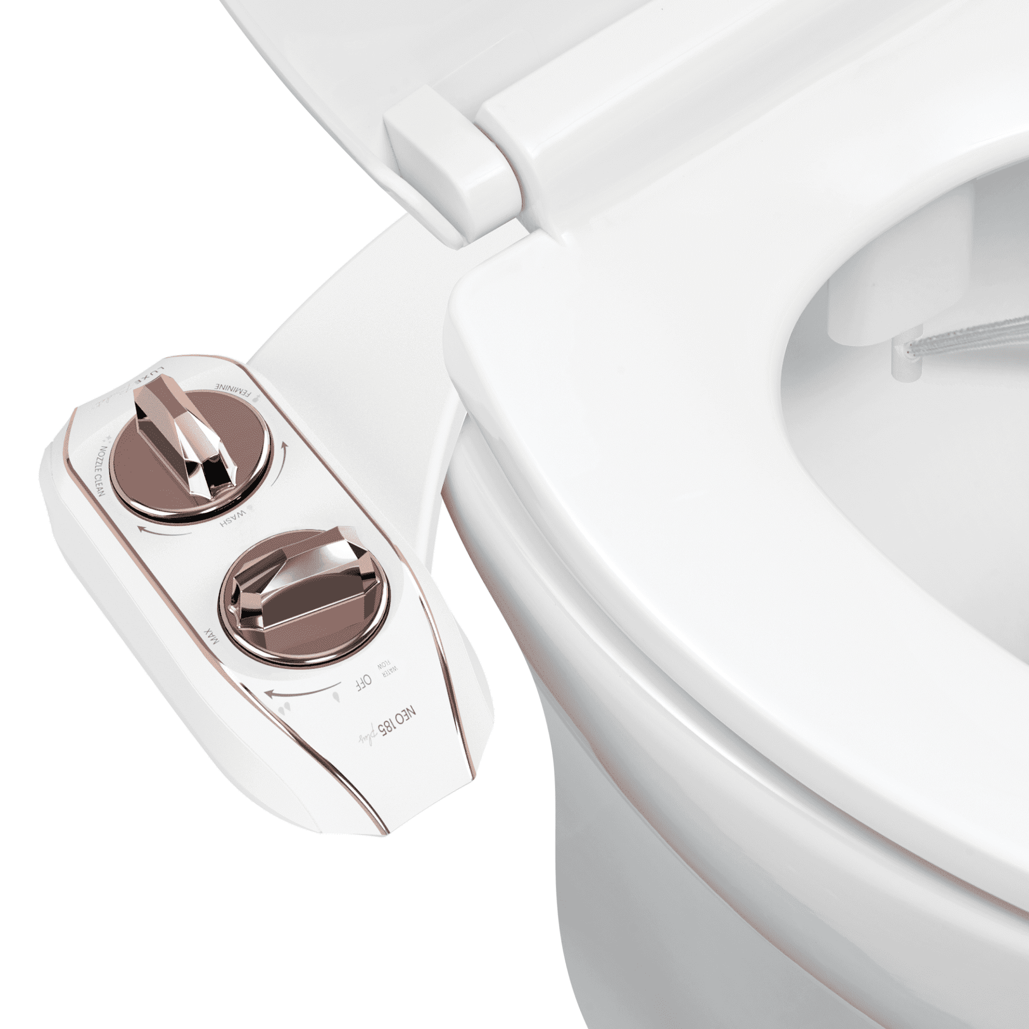 LUXE Bidet NEO 185 Plus – Dual Nozzle, Bidet Attachment, EZ-Lift Hinges, 360° Self-Clean (Rose Gold)