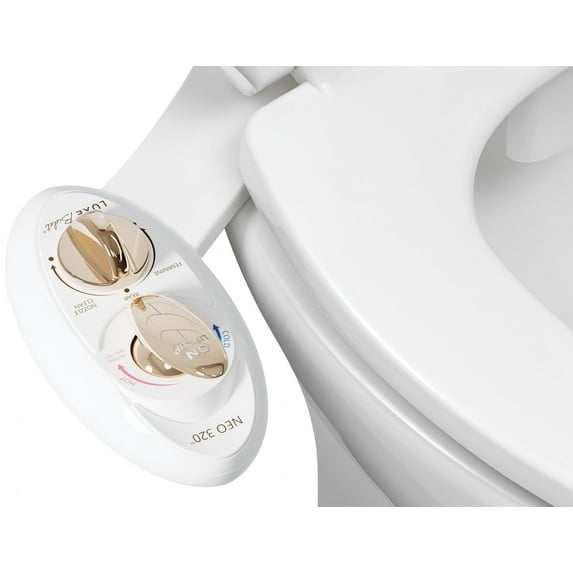 LUXE Bidet NEO 320 - Hot and Cold Water, Self-Cleaning, Dual Nozzle, Non-Electric Bidet Attachment for Toilet Seat, Adjustable Water Pressure, Rear and Feminine Wash, Lever Control (Gold)