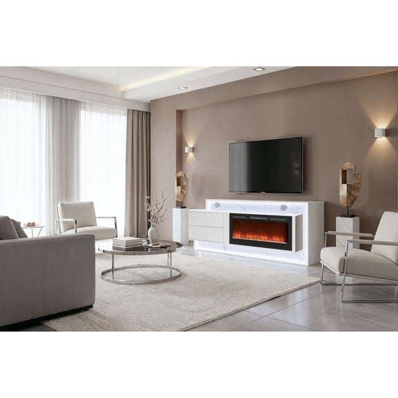 LUXE MODERN FURNITURE 87" Entertainment Center Fireplace White Solid Wood MDF TV Stand 60-70 inch TVs Bluetooth Speaker LED Lighting