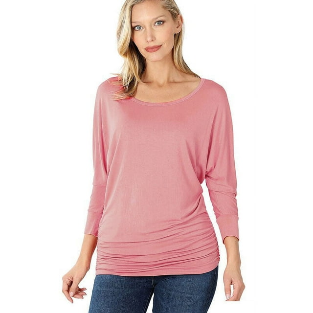 Boat Neck Dolman Sleeve Ruched Waist Cropped Top