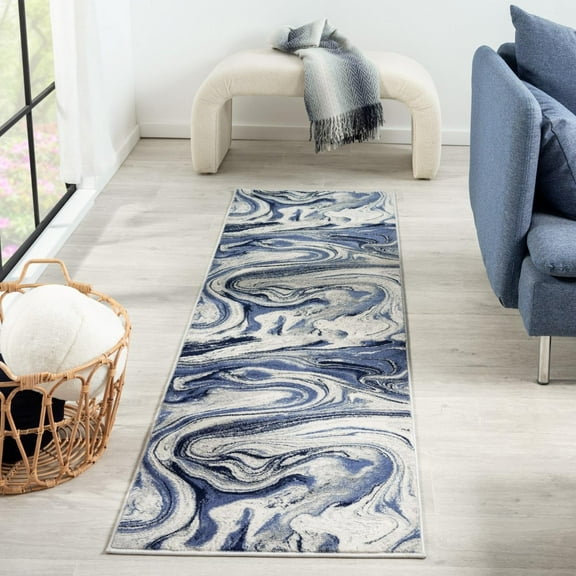 LUXE WEAVERS Marble Collection 497 Blue 2x7 Abstract Marble Swirl Area Rug