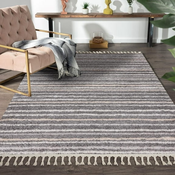 LUXE WEAVERS Striped Fringed Shag Gray 8x10 Area Rug for Bedroom