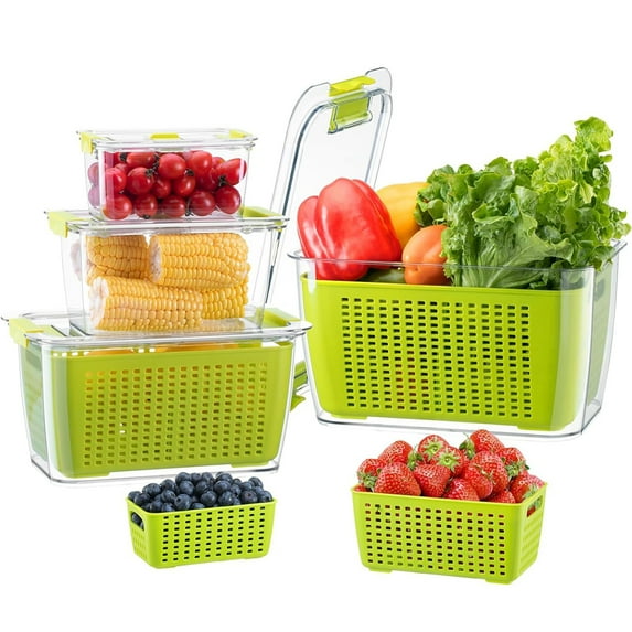 LUXEAR 4 Pack Vegetable Storage Containers for Fridge, Fruit Container with Lids &Removable Colander Large Fridge Organizer BPA-free for Fruit Vegetable, Berry, Meat Storage keep Fresh Longer Green
