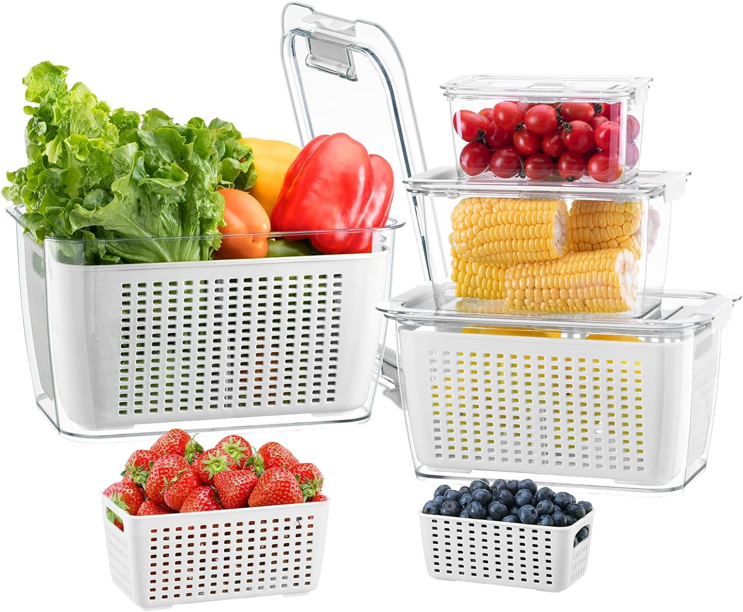 Luxear 4 Pack Vegetable Storage Containers for Fridge, Fruit Container with Lids &Removable Colander Large Fridge Organizer BPA-Free for Fruit