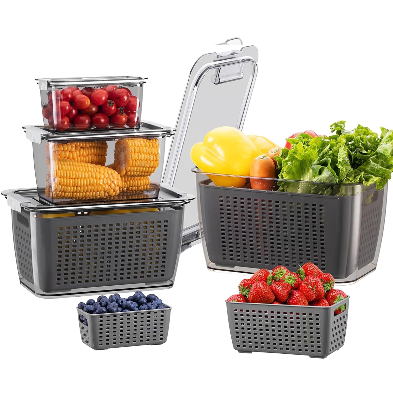 LUXEAR 4 Pack Vegetable Storage Containers for Fridge, Fruit Container with Lids &Removable