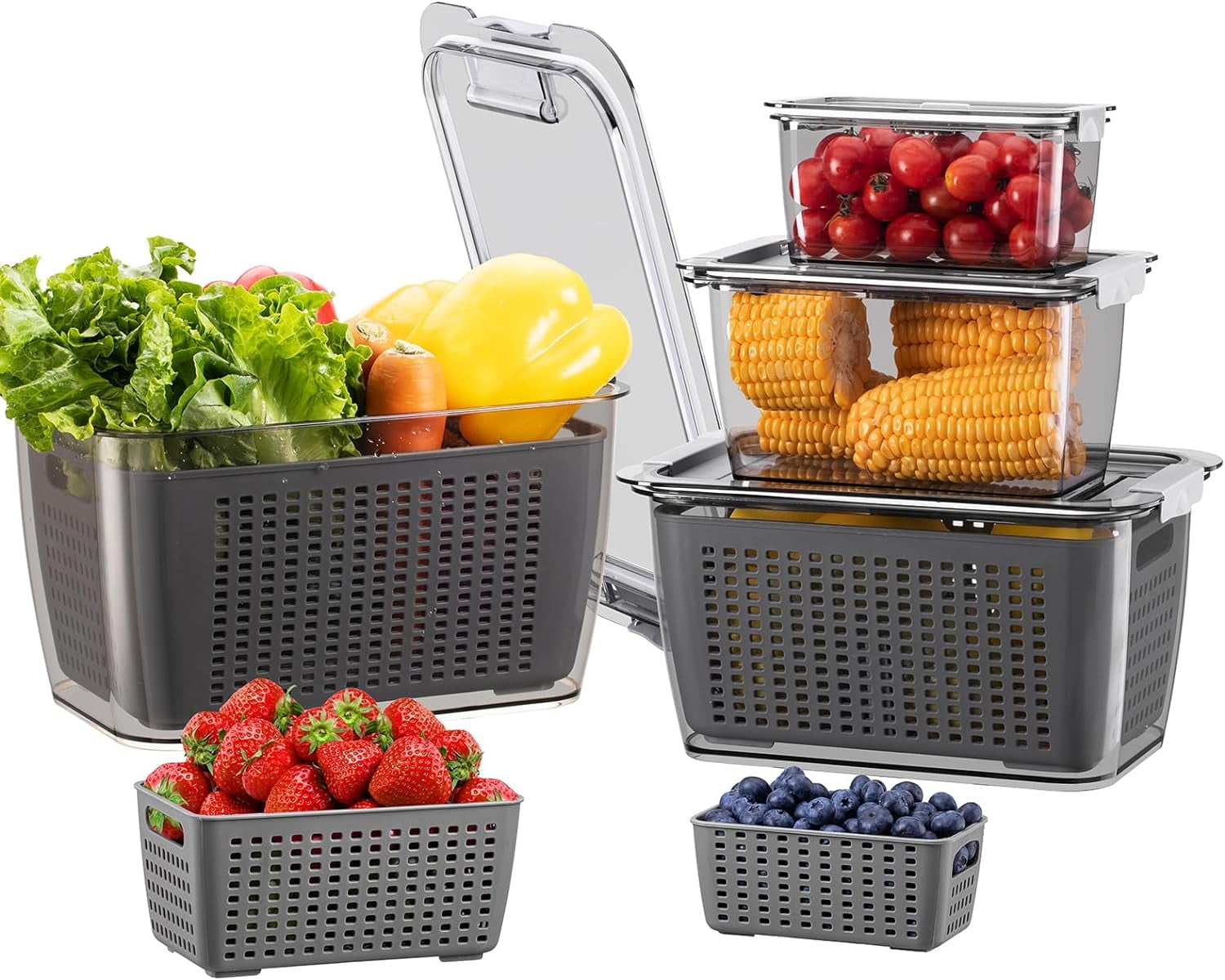 Ronanemon 4 Pack Fridge Food Storage Container Set with Lids with Strainer,  Fruit Vegetable Storage Containers Keep Fruits, Vegetables, Berry, Meat