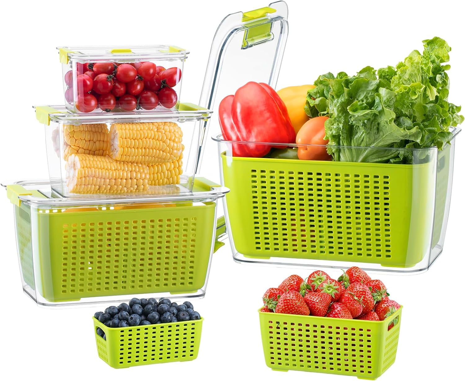 Vegetable Containers 5 Pack, Luxear Vegetable Storage Containers for  Refrigerator, BPA Free with Lid & Colander Fruit Containers  0.7+1.35+2.3+3.8+5.8L Fridge Organizers White 