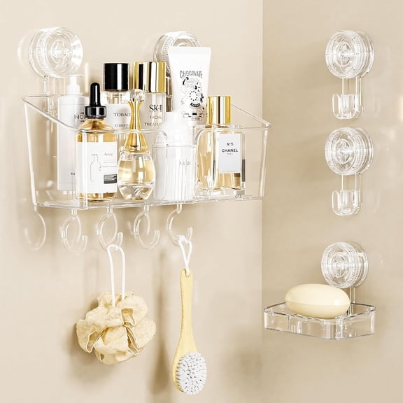 LUXEAR 4 Pack Shower Caddy Suction Cup, No-Drilling One Second Installation Shower Caddy, Clear Soap Dish and 2 Suction Hooks, Waterproof Suction Cup Shower Organizer for Kitchen Bathroom