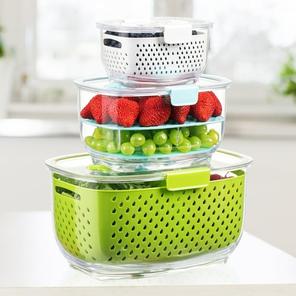 LUXEAR Fresh Container, BPA-free, Partitioned Fruit Storage Container 3 Pack Produce Container for Fridge, Green