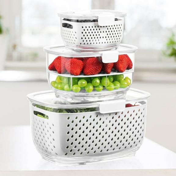 LUXEAR Fresh Container, BPA-free, Partitioned Fruit Storage Container 3 Pack Produce Container for Refrigerator, White
