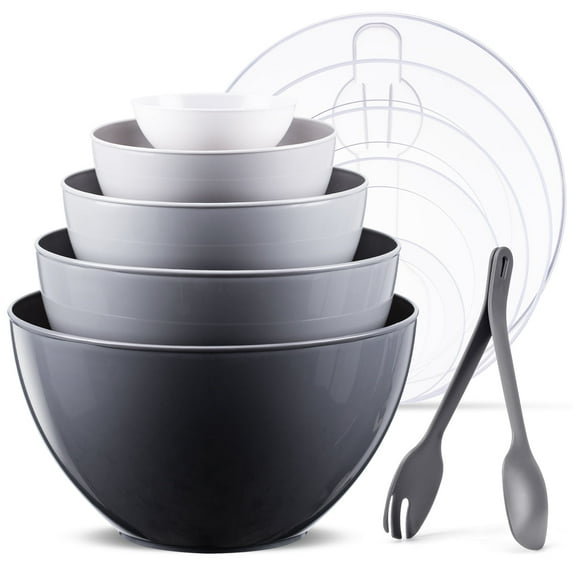 LUXEAR Large Mixing Bowls with Lids Set, 12 Piece Plastic Nesting Mixing Bowls Set includes 5 Large Bowls, 5 Lids and A Pair of Fork&Spoon, Refrigerator Microwave Dishwasher Safe