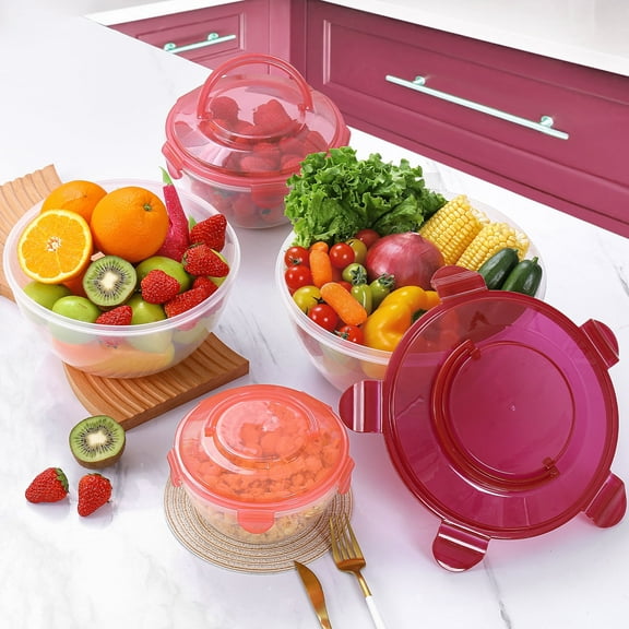 LUXEAR Food Storage Container, BPA-free Large Capacity Mixing Bowls with Fork and Spoon, Handle Design Versatile Fruit Containers for Mixing Washing Storage Baking - 4 Set