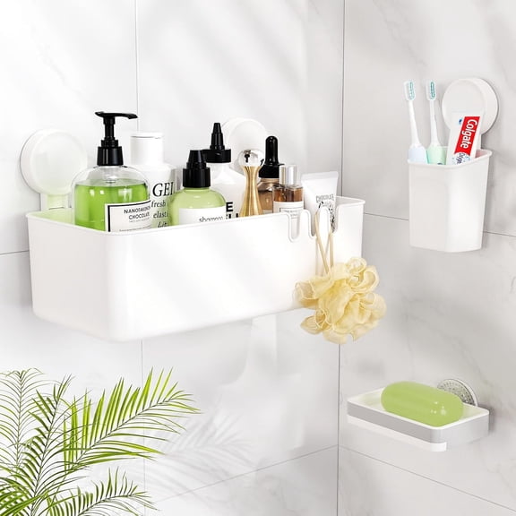 LUXEAR Shower Caddy Set, 3 Pack NO-Drilling Organizer (Shower Caddy, Soap Holder, and Toothbrush Holder), Removable Waterproof Basket Set for Bathroom & Kitchen
