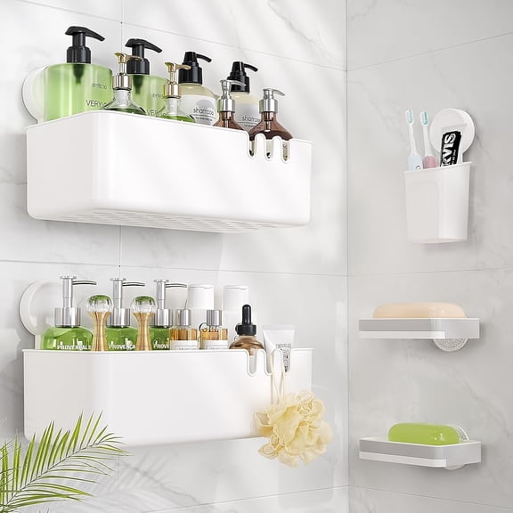 LUXEAR Shower Caddy Set, 5 Pack NO-Drilling Organizer (Shower Caddy x2 , Soap Holder x2, and Toothbrush Holder), Removable Waterproof Basket Set for Bathroom & Kitchen