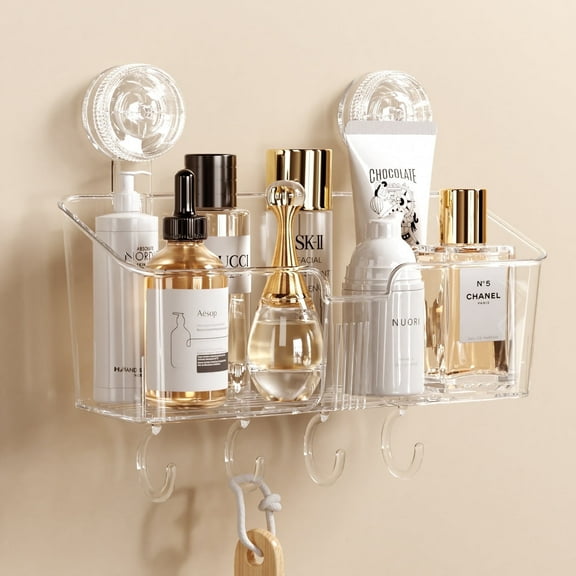 LUXEAR Shower Caddy Suction Cup, No-Drilling One Second Installation Shower Caddy with 4 Movable Hooks, Waterproof Suction Cup Shower Organizer for Kitchen Bathroom Storage - Transparent