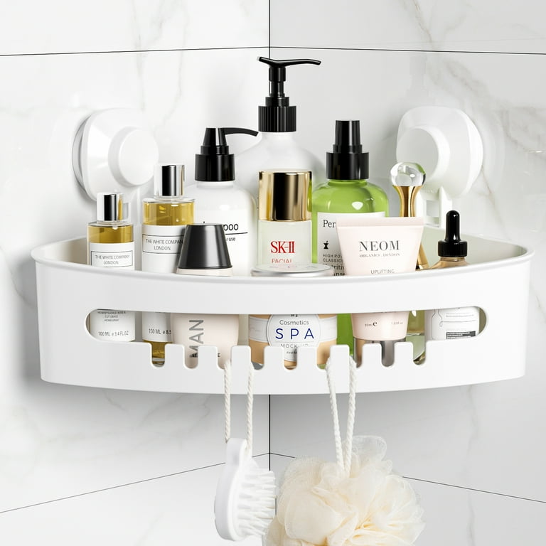 LUXEAR Suction Cup Corner Shower Caddy Wall Mounted Shower Shelf Bathroom Storage Basket No Drilling Removable Plastic Storage Organizer for