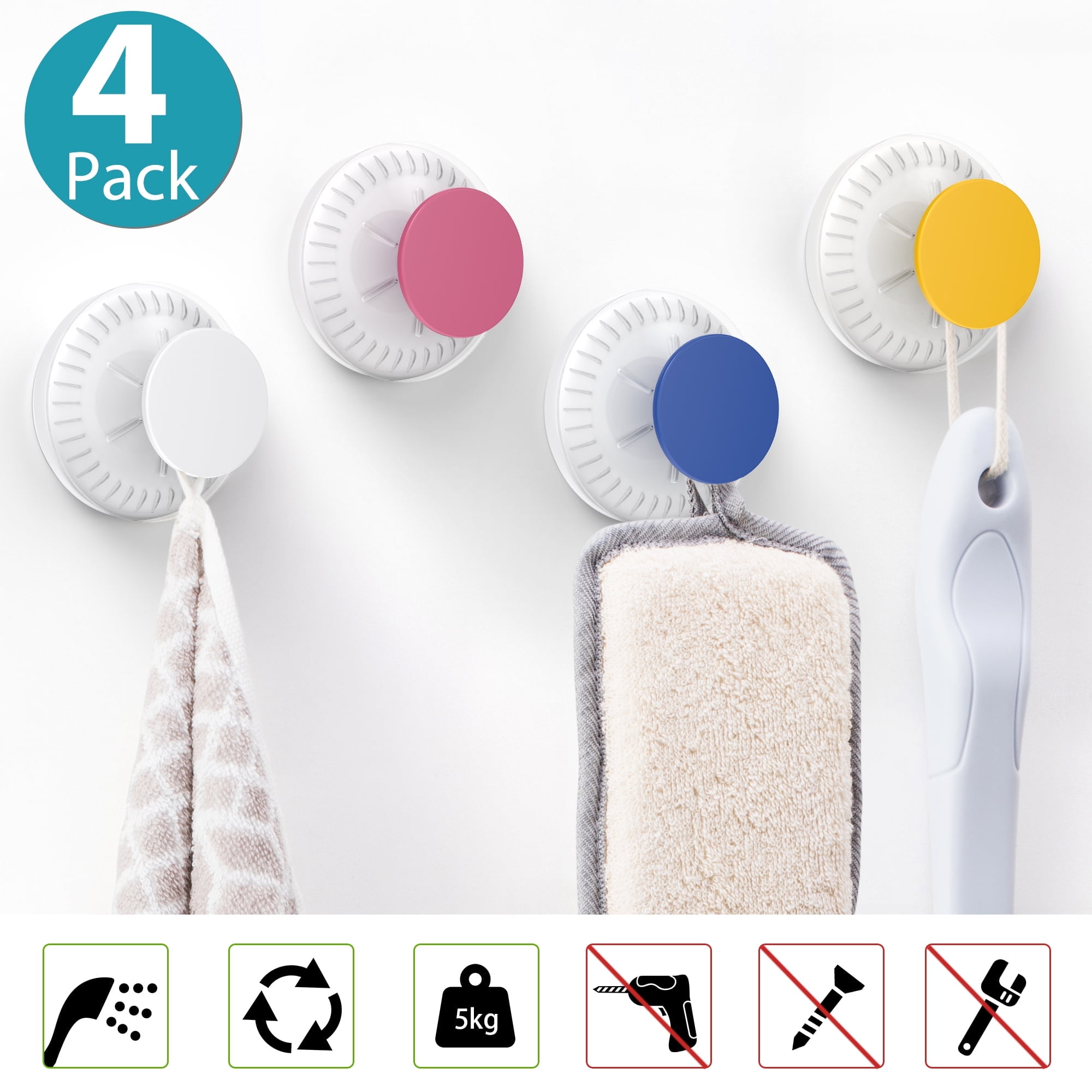 LUXEAR Suction Cup Hook, 4Pack Waterproof Shower Hooks for Bathroom, Vacuum Suction Hook for