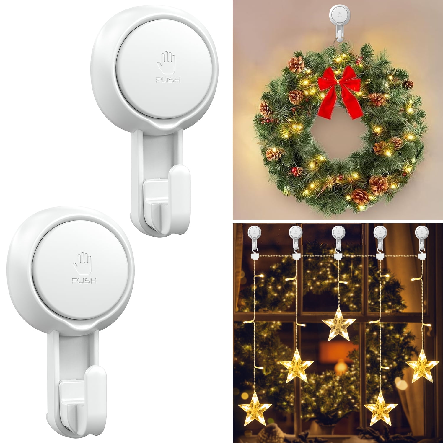 LUXEAR Suction Cup Hooks, Powerful Vacuum Heavy Duty Wreath Hanger, Waterproof Removable Shower Hooks for Bathroom Kitchen Christmas Ornaments 2 Pack