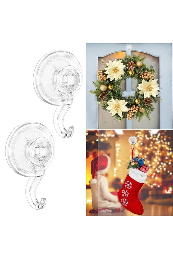 Suction Cup Hooks, Large Clear Heavy Duty Wreath Hanger, Reusable Waterproof Shower Hooks for Bathroom, Glass, Door, Windows, Kitchen, Christmas Decorations -Max Hanging up to 11 lbs 2 Pack