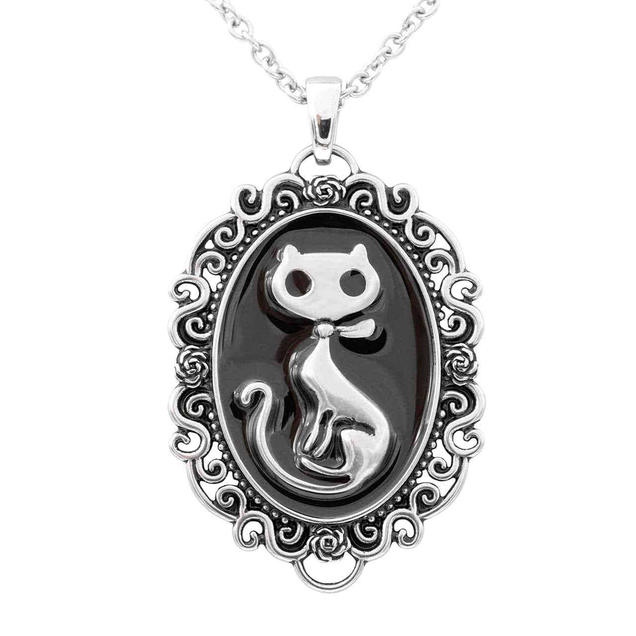 LUXERAD Cat Silhouette Cameo Necklace - Stainless Steel, Black Epoxy, Adjustable Chain