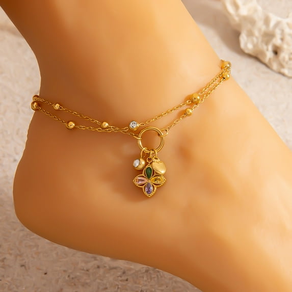 LUXERAD Women's Anklets - 14K Gold Plated Adjustable Four - Leaf Clover Anklet, Waterproof