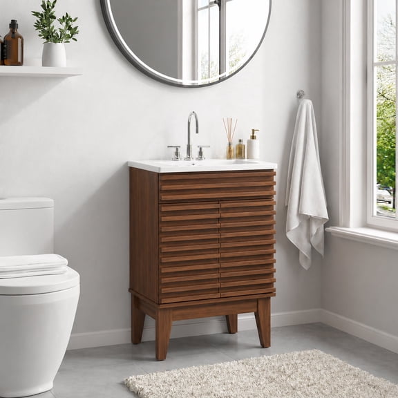 LUXEYARD 24-in Walnut Freestanding Bathroom Vanity Cabinet with Soft-Close Doors and Ceramic Sink