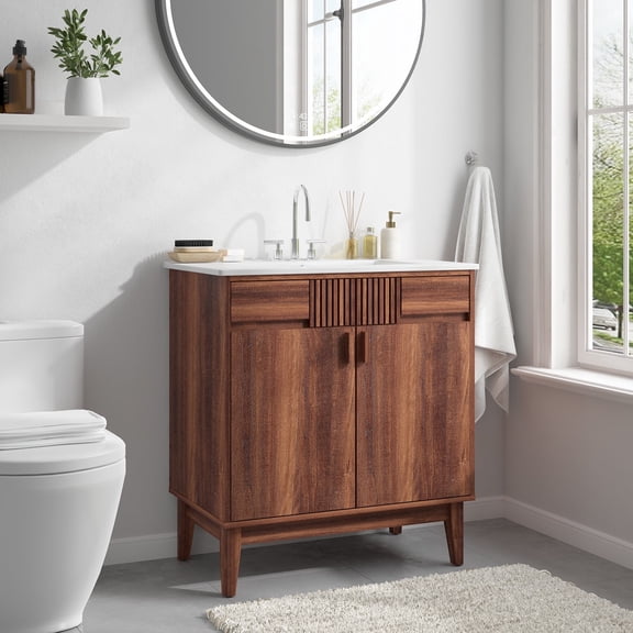 LUXEYARD 30-in Walnut Freestanding Bathroom Vanity Cabinet with Soft-Close Doors and Ceramic Sink