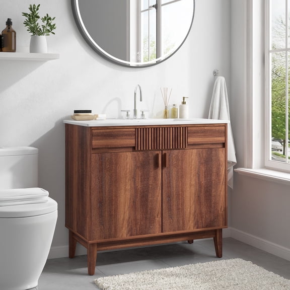LUXEYARD 36-in Walnut Freestanding Bathroom Vanity Cabinet with Soft-Close Doors and Ceramic Sink