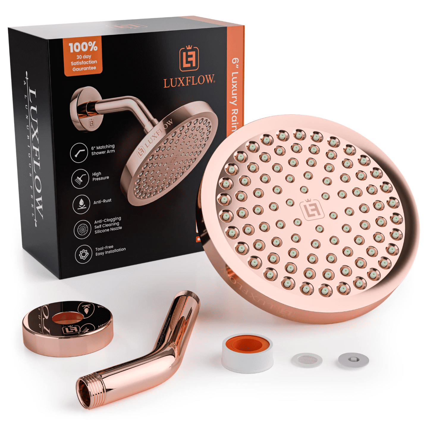 LUXFLOW 6" Rain Shower Head with Matching Arm – High Pressure, Anti-Clogging, Rustproof, Easy 3-Minute Install – Radiant Rose Gold