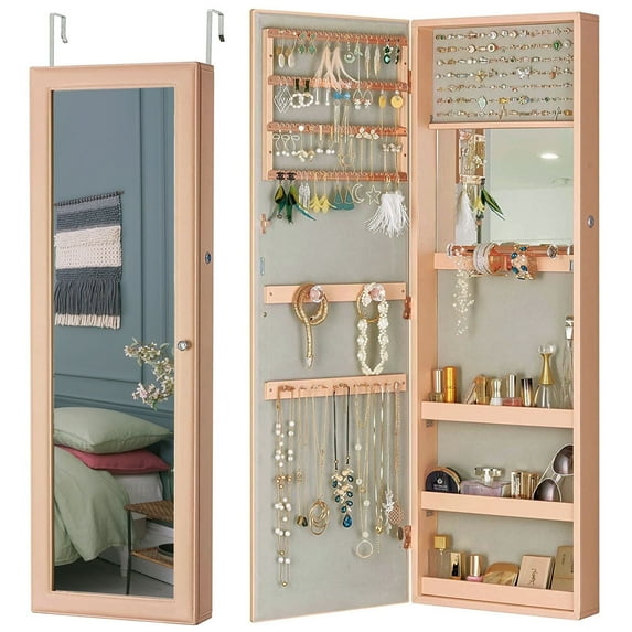 LUXFURNI Jewelry Armoire Wall/ Door Mounted Cabinet with Full Length Mirror Pink