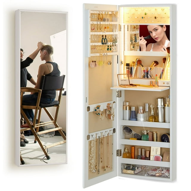 LUXFURNI Jewelry Armoire with LED Lights Full Length Mirror