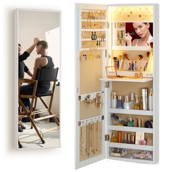 LUXFURNI Jewelry Armoire with LED Lights Wall/Door Mounted Full Length Mirror with Jewelry Storage White