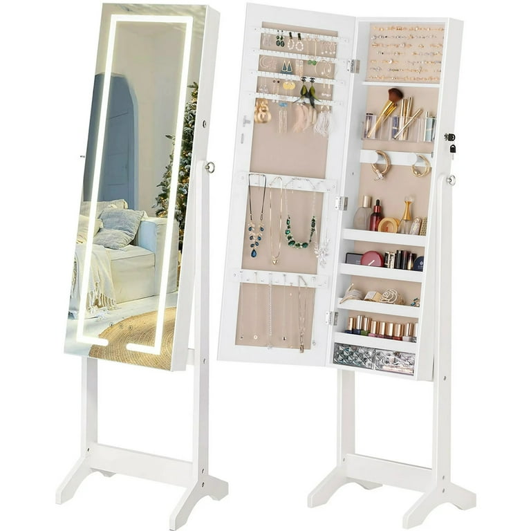 LUXFURNI Standing Jewelry Cabinet Armoire Lockable Full-Length Mirror with  LED Lights 2 Drawers Adjustable Angle White Finish