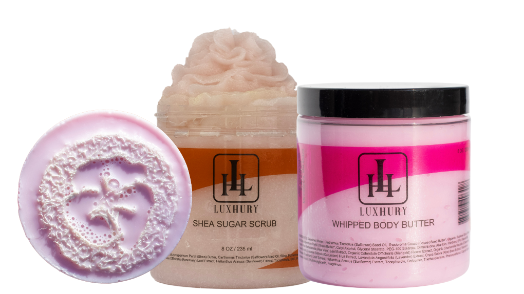 LUXHURY Tahleya Reese 3Piece Skin Care Gift Set Luffa Soap, Shea