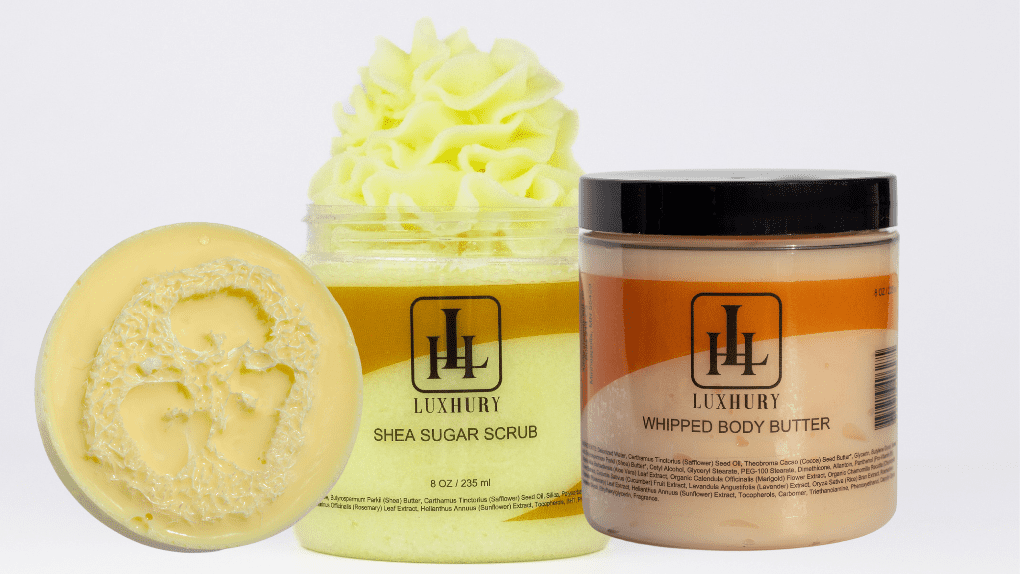 LUXHURY Vanilla Almond 3Piece Skin Care Gift Set Luffa Soap, Shea