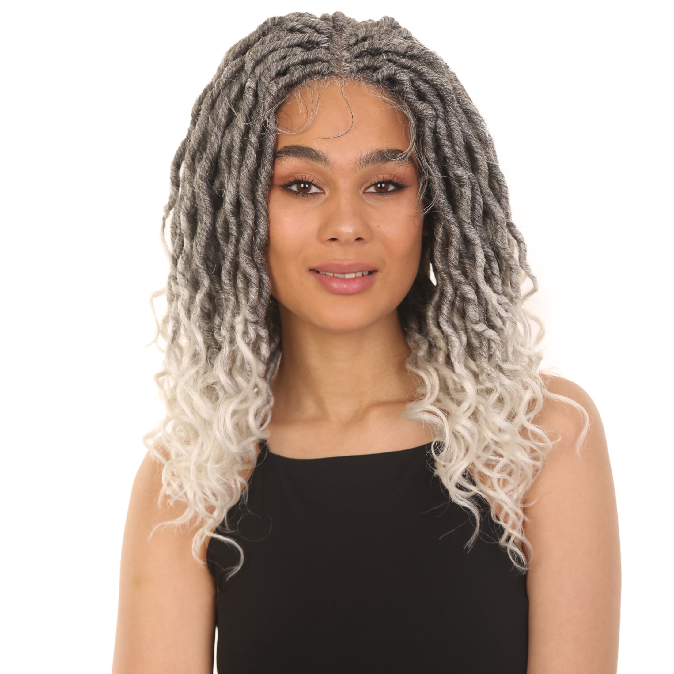 LUXLUXE 19" Black & White Wig Andrea Curly Layered for Women Long Hand Tied Lace Braided Wigs, Made from Heat Resistant Synthetic Wigs