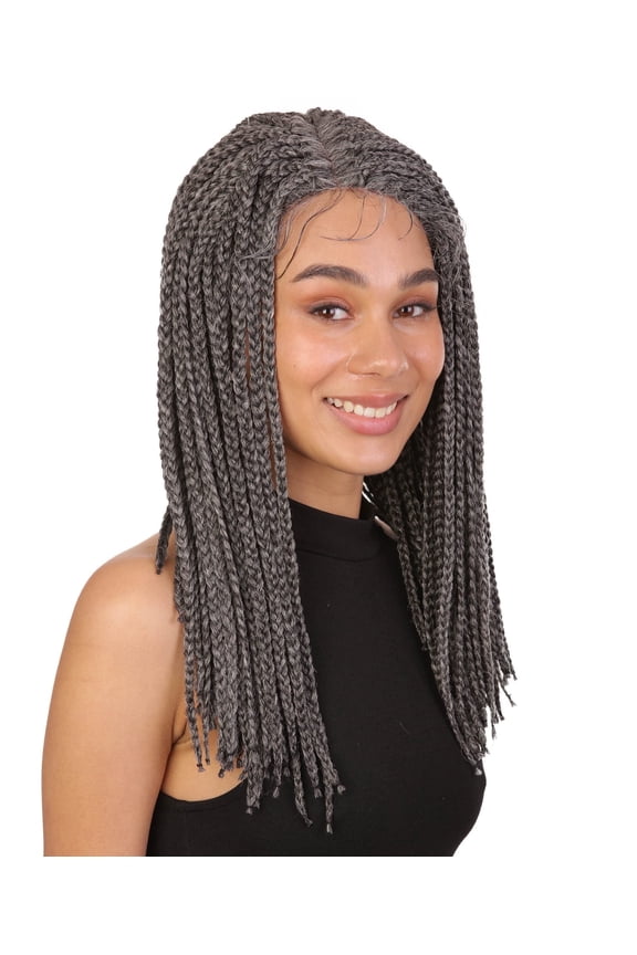 Angela 16.5" HD Lace Front Braided Wig with Baby Hair, Heat Resistant Fibers, Black and Grey blend Colors
