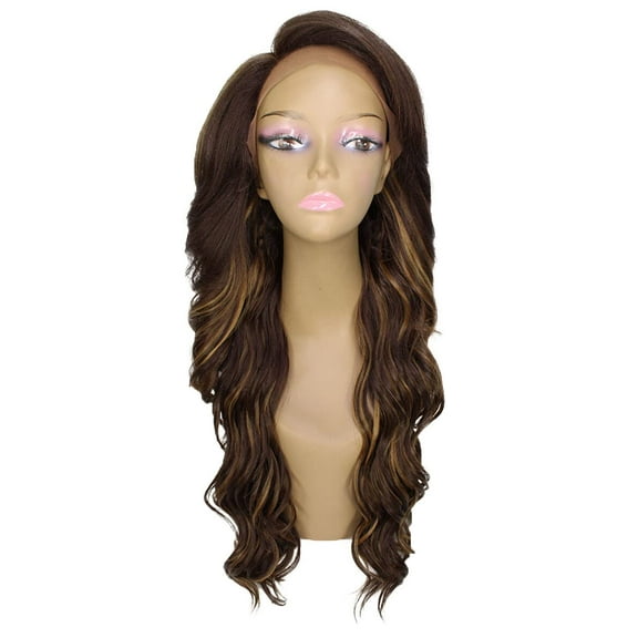 LUXLUXE Asana Wavy 26 Inch 7x4 Women's Lace Front Wig, Heat Resistant Fiber,  Brown with Golden )