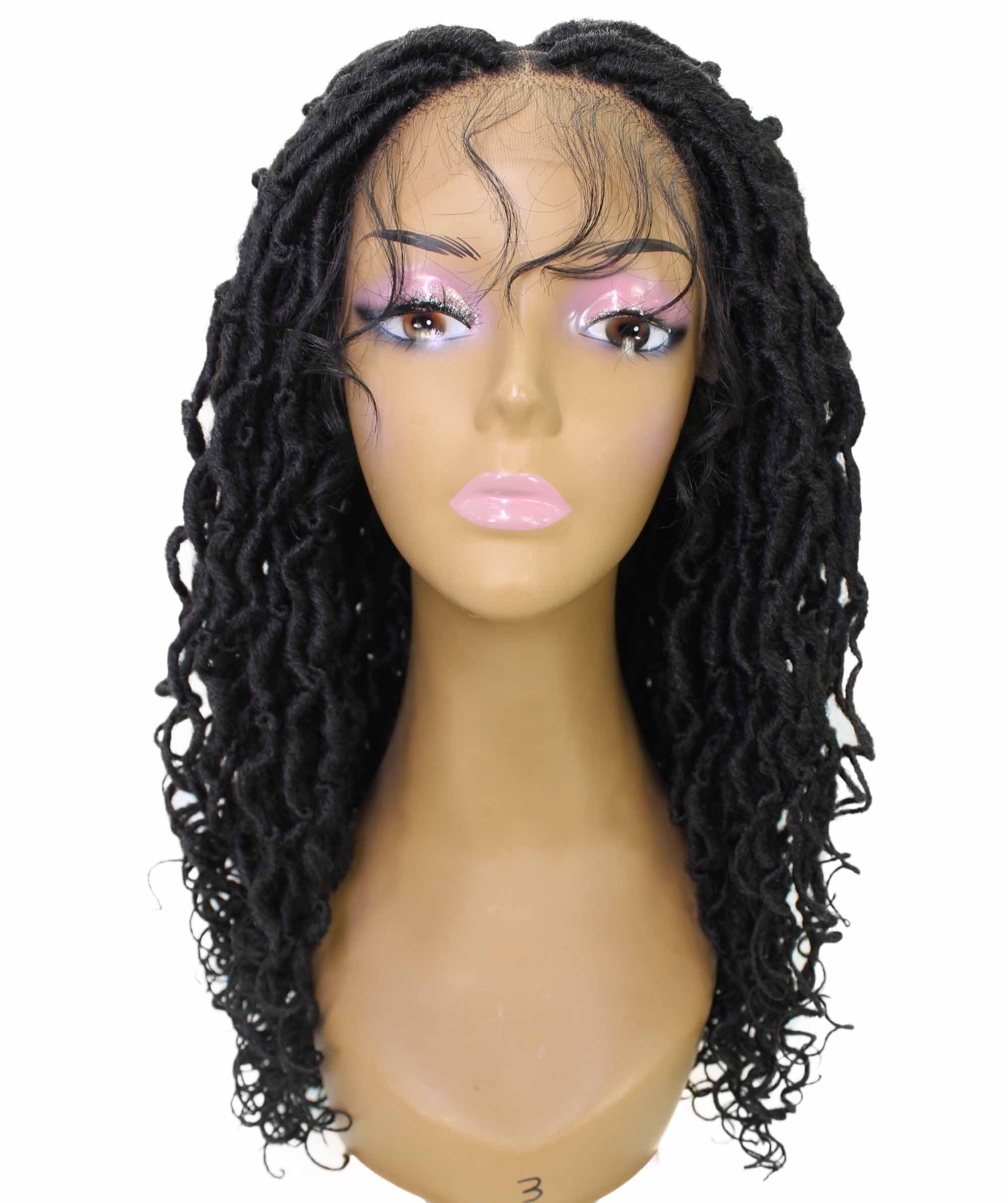 LUXLUXE Diamond Curly Locs 23 in Long 4X4 Hand Tied Lace Braid Braided Wig, Beauty Heat Resistant Fiber, Natural Black Color