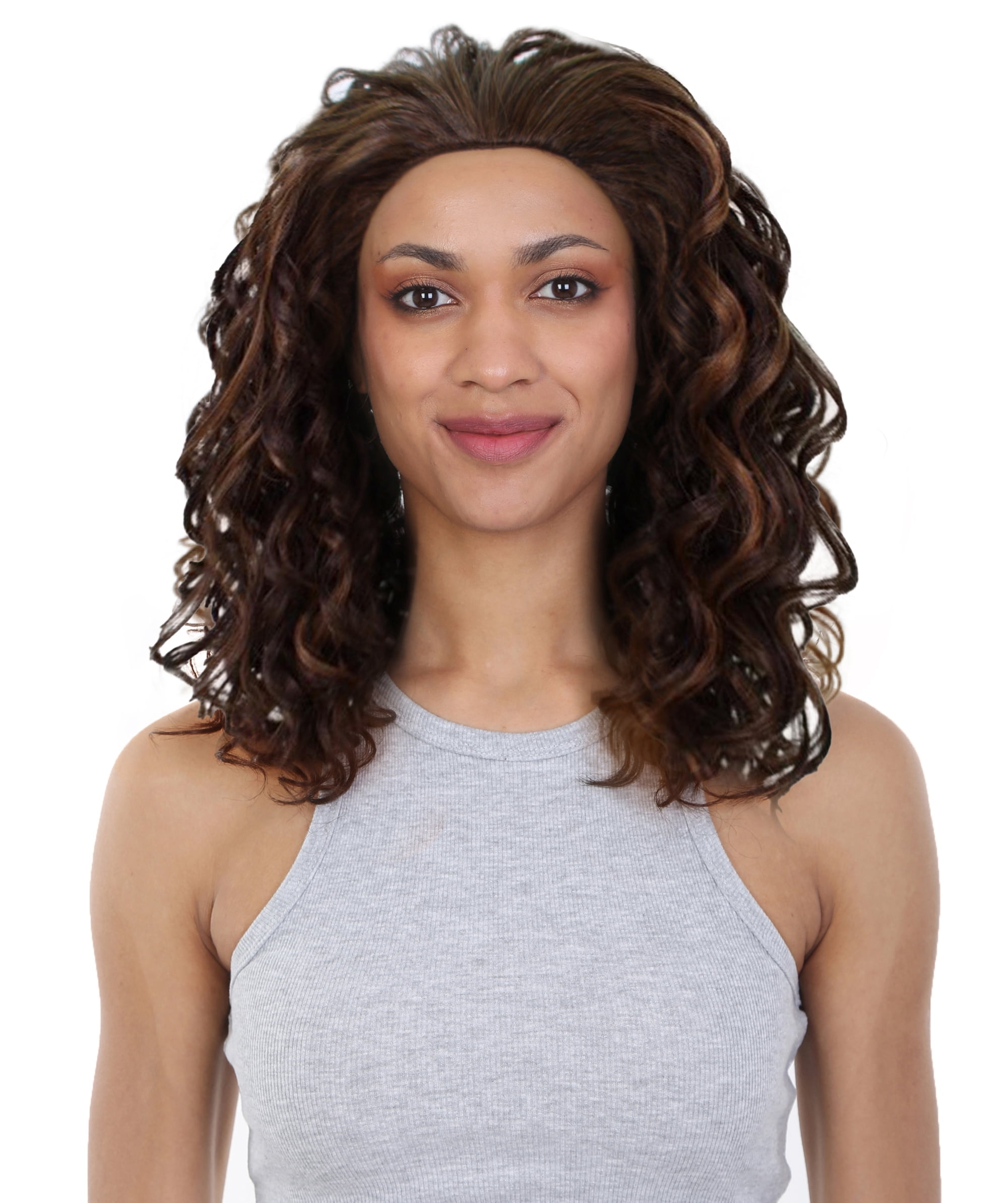LUXLUXE Edwina Curly Layered 17 in Long Half Wig Mix Human Hair and Synthetic Fibers, Brown with Caramel Highlights