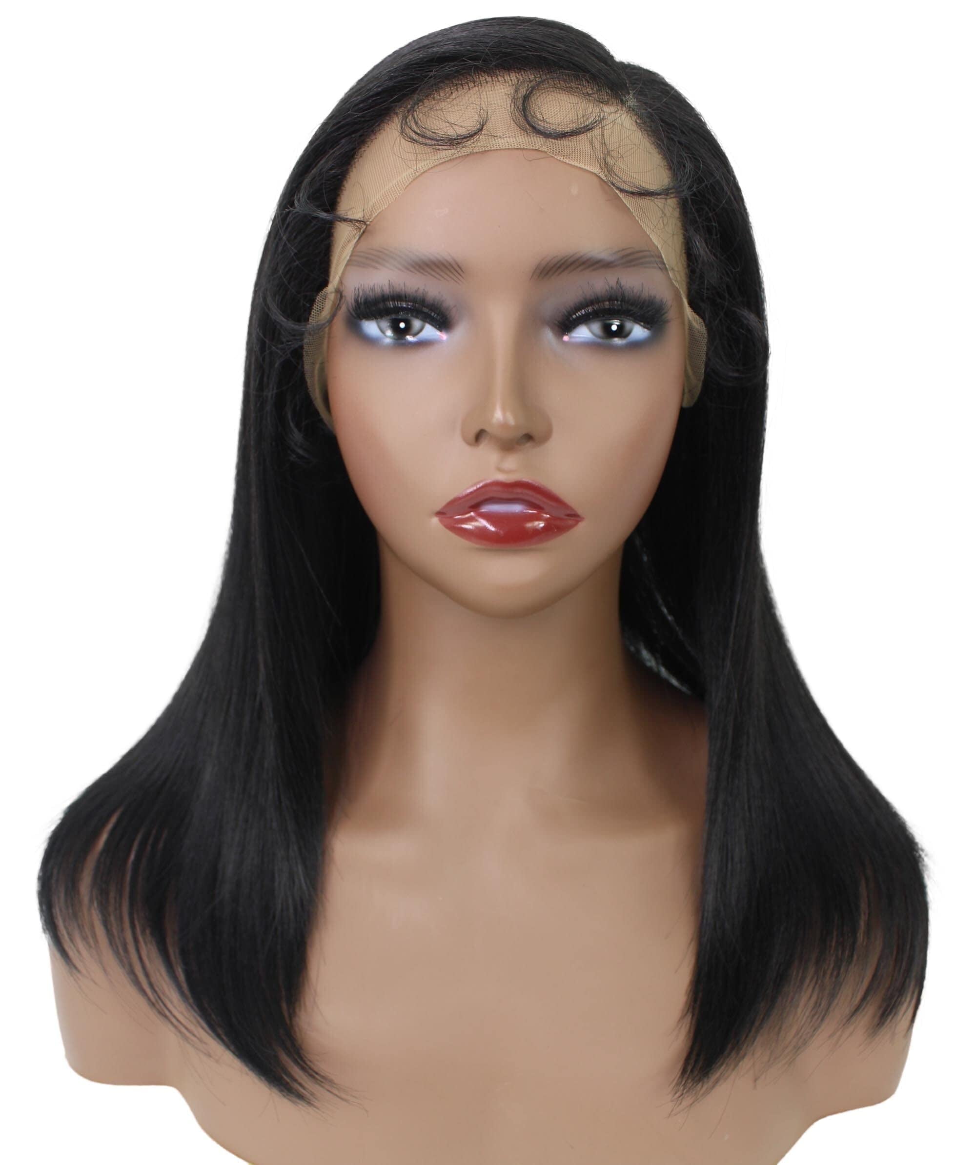 LUXLUXE Gabriella 18 inch Cut Layered 3.5" C Parting HD Lace Front Wig, Heat Resistant Synthetic Fiber Hair, Natural Black