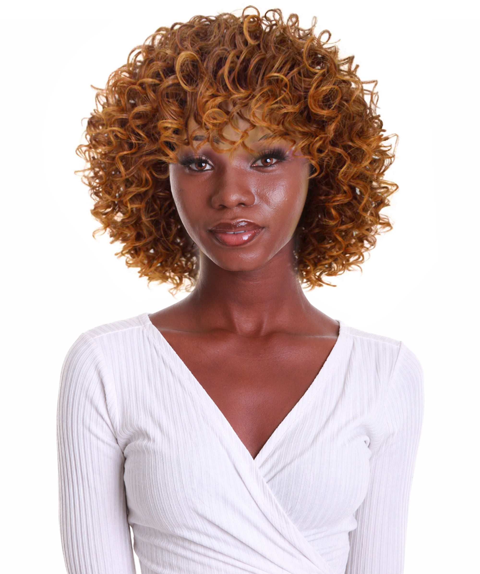 LUXLUXE Gabrielle Curly Pixie 11.5 in Long Full Wig No Lace Wig, Heat Resistant Fibers, Brown to Copper Highlights