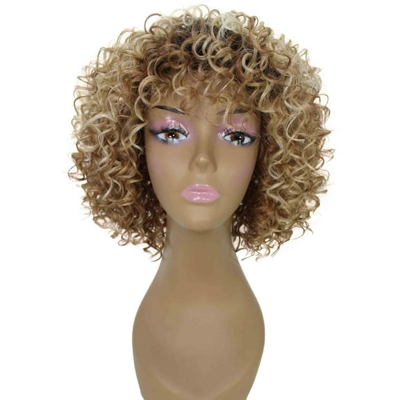 LUXLUXE Gabrielle Curly Pixie 11.5 in Long Full Wig No Lace Wig, Heat Resistant Fibers, Brown to Strawberry Blonde Ombre